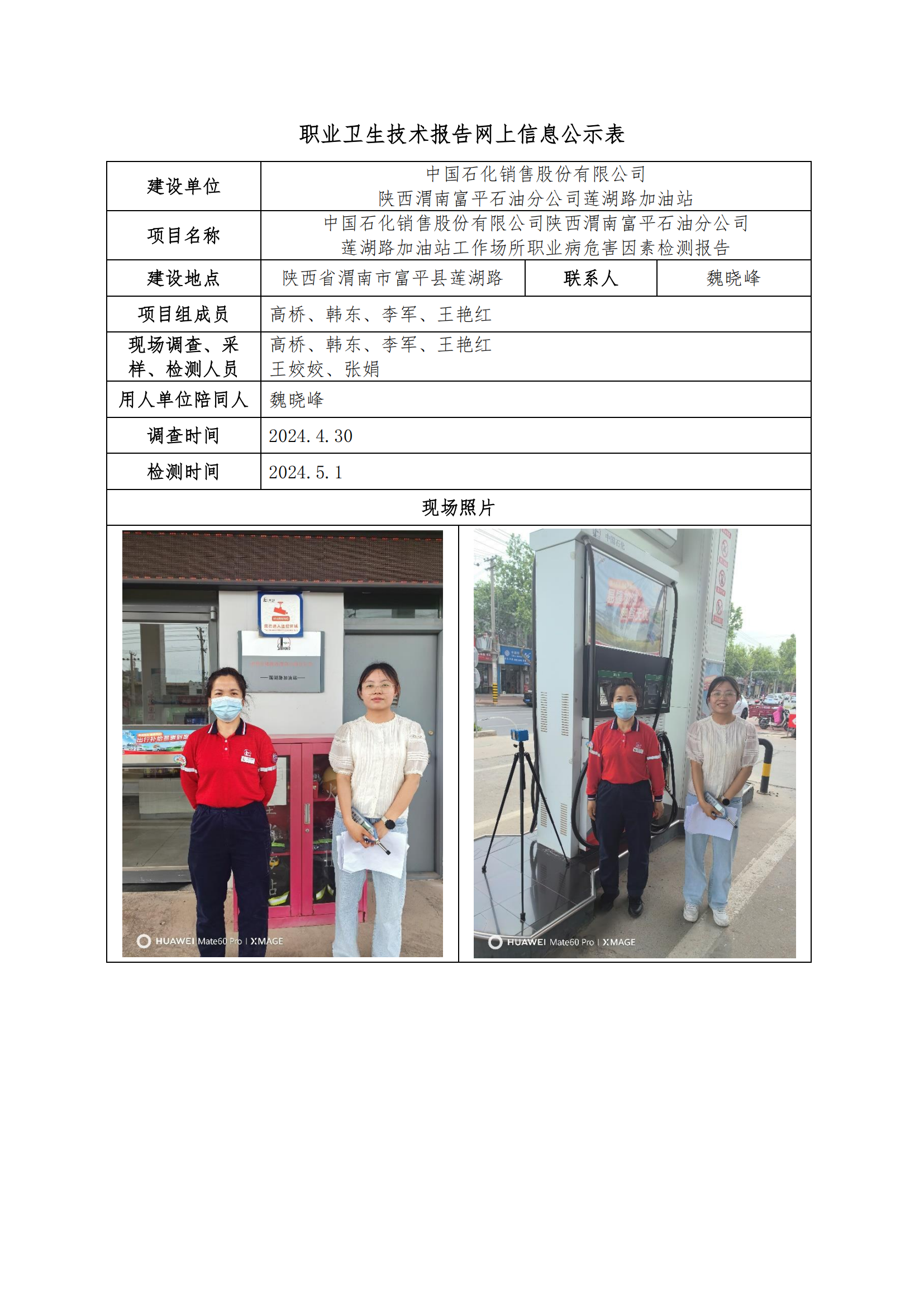 中國石化銷售股份有限公司陜西渭南富平石油分公司蓮湖路加油站職業(yè)衛(wèi)生技術(shù)報(bào)告網(wǎng)上信息公示表