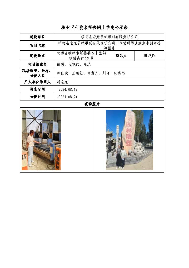 綏德縣宏亮園林雕刻有限責(zé)任公司工作場(chǎng)所職業(yè)病危害因素檢測(cè)